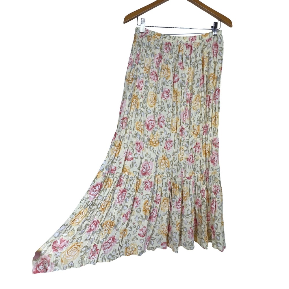 Vintage Floral Broomstick Tiered Maxi Skirt Size M Elastic Flowy Cottagecore